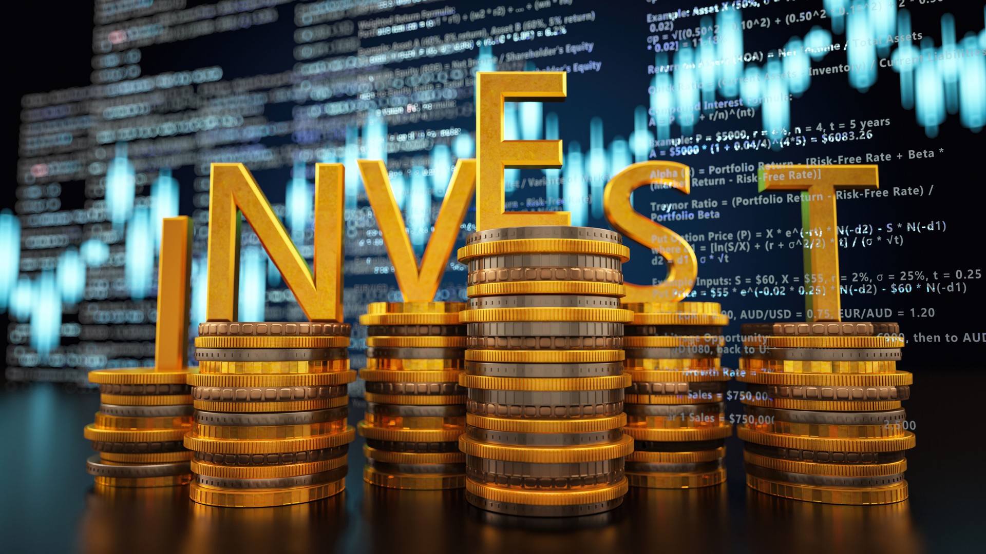 Golden INVEST Letters with Coin Stacks and Market Chart